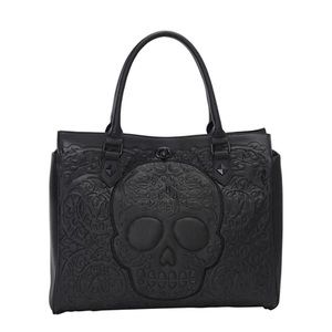 LOUNGEFLY BLACK ON BLACK LATTICE SKULL TOTE